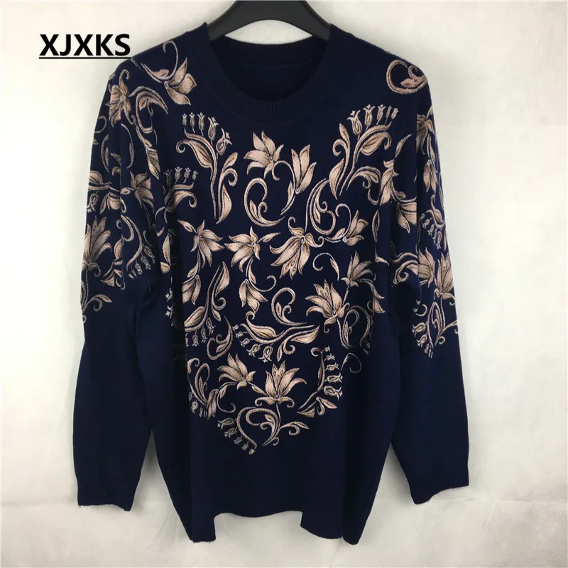 XJXKS весна осень зима женские свитера и пуловеры плюс размер мать трикотажные топы с цветочным принтом длинный рукав джемпер - Цвет: Style 8