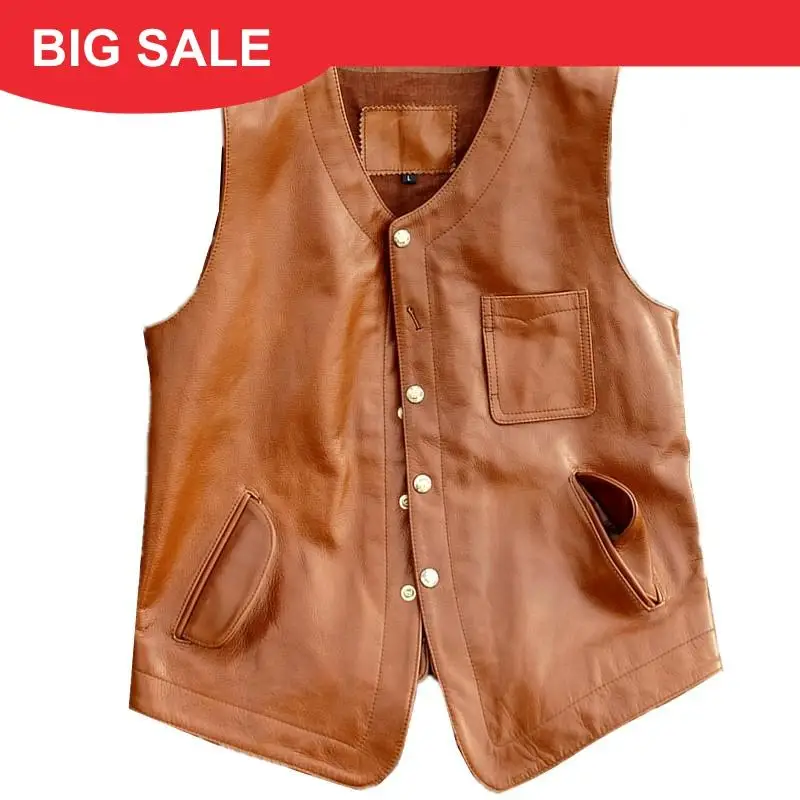 

2020 Brown Men Short Japan Style Casual Leather Vest Plus Size XXXL Genuine Cowhide Spring Slim Fit Natural Leather Vest