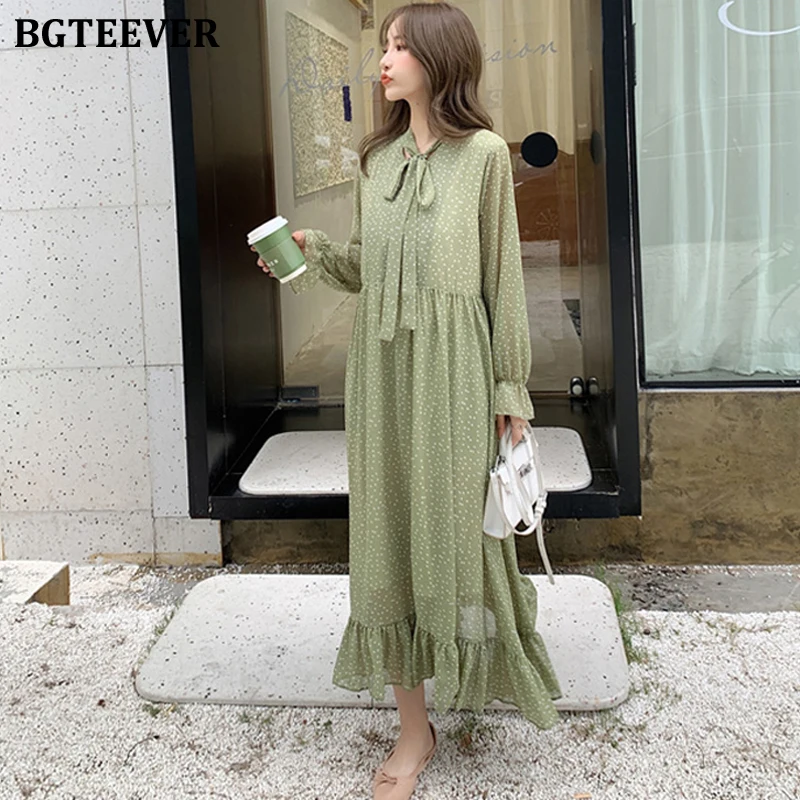 Online BGTEEVER suelto con cuello de lazo Floral para mujer Vestido de manga larga con volantes de gasa vestido femenino con manga de llamarada Vestidos largos Mujer 2019 otoño