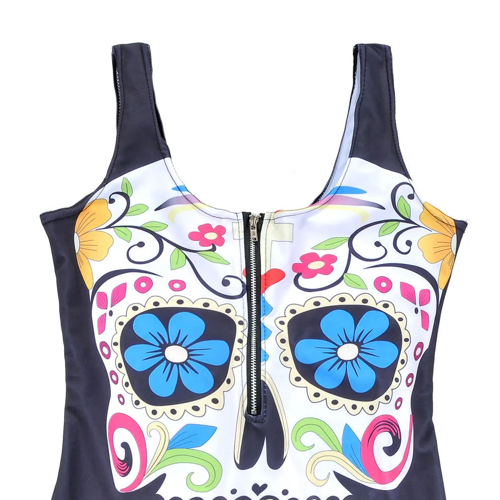 Printed retro pattern skull zipper one-piece swimsuit