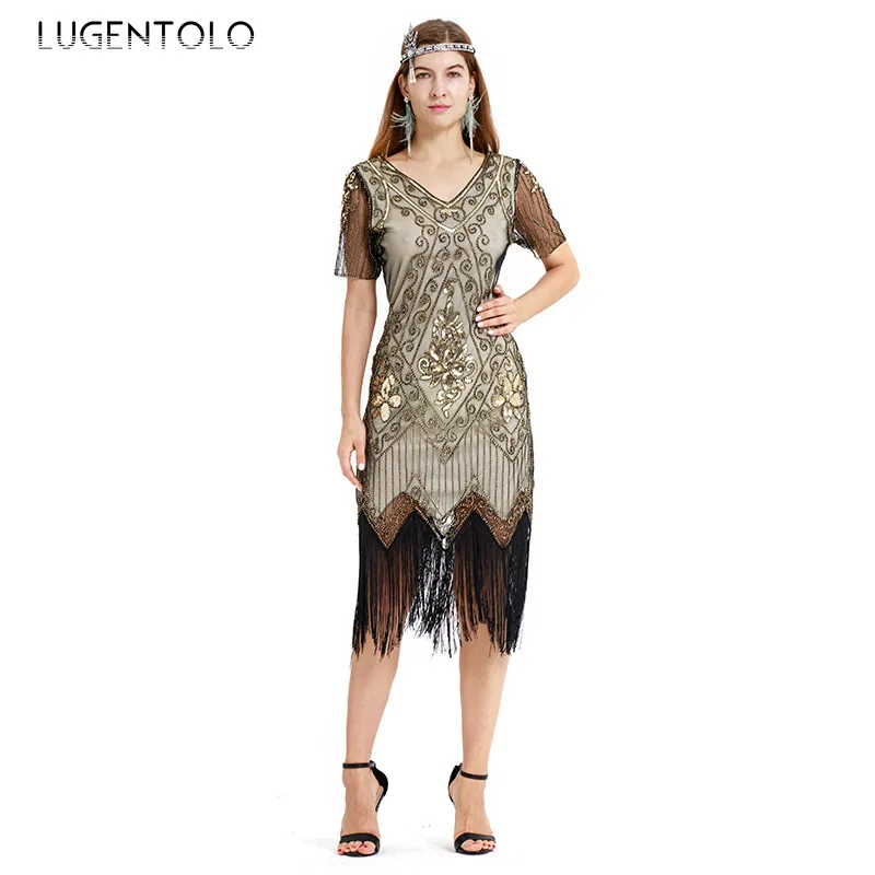 Женское вечернее платье с коротким рукавом винтажное блестками и бахромой