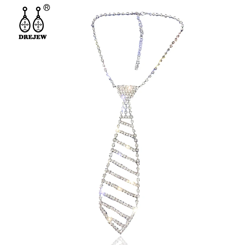 

DREJEW Necktie Statement Instagram Rhinestone Choker Silver Crystal Chain Alloy Necklaces Sets for Women Wedding Jewelry HN413