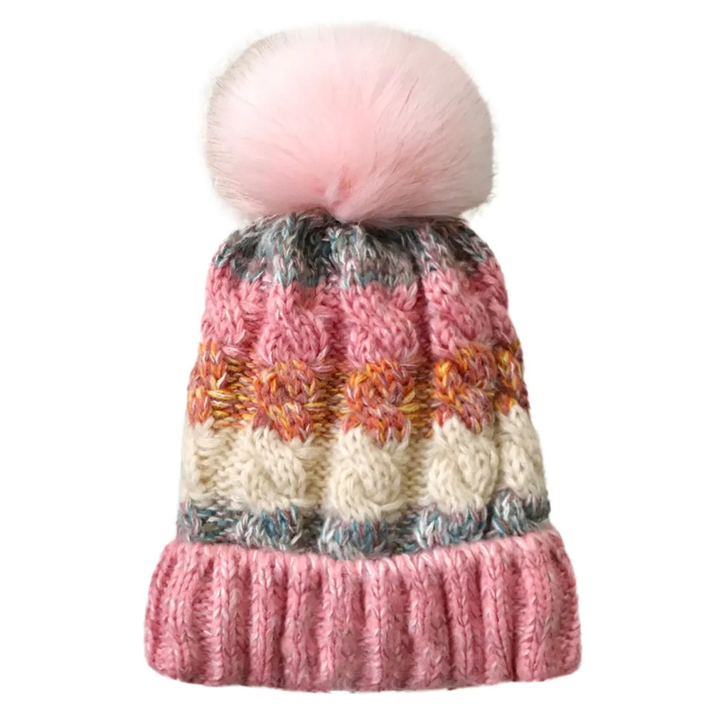 Fleece Lined Headwear Fashion Women's Winter Warm Solid Thicken Wool Hat Patchwork Stripe Knit Windproof Caps Hat Female Pompom