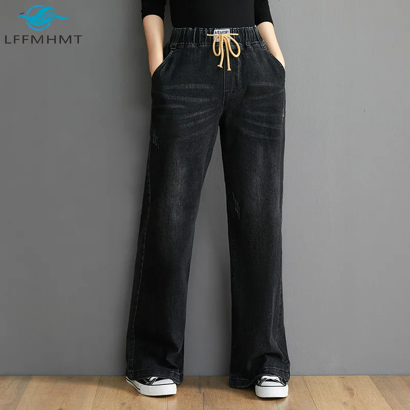 Loose Jeans Pants Vintage Trousers Office High-Waist OYS Women Denim Simple Elastic Female