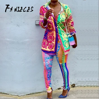 

Print Two Piece Pant Suits Sets Runway summer Autumn Long Sleeve Blouse Shirt Tops And Vintage Pants Women's Sets dropshipping