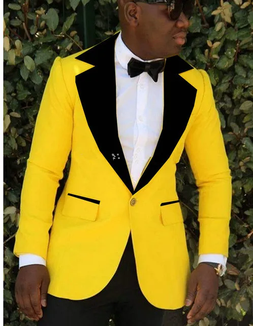 Fashion Yellow Jacket Prom Men Wedding Suits Black Peaked Lapel Mens Tuxedo Groom Groomsman Best Man Slim Fit Mens Suits - Цвет: as picture