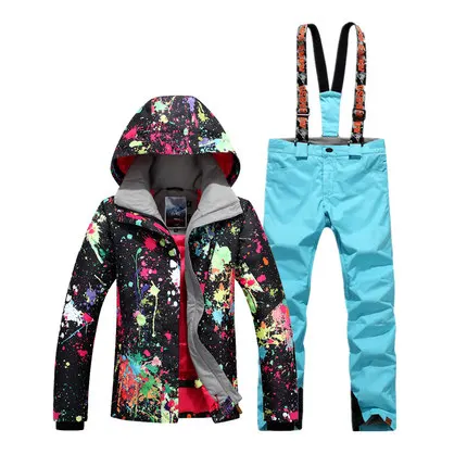 one GSOU SNOW Winter Ski Jacket+Pants Womens Snowboarding Suits Super Waterproof Breathable Ski Suit Female - Цвет: one