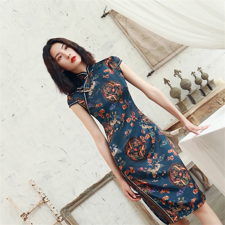Summer Chinese Traditional Dress Cheongsam Qipao Party Wedding Fashion Retro Crane Floral Print Satin Short