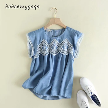 

summer embroidery denim blouse women o neck soft blue womens tops and blouses casual top holiday blusas mujer new cotton