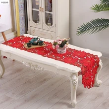 vezon New Christmas Polyester Embroidery Xmas Table Runner Satin Tablecloth Cutwork Placemat Red Flag Towel Cloth Covers