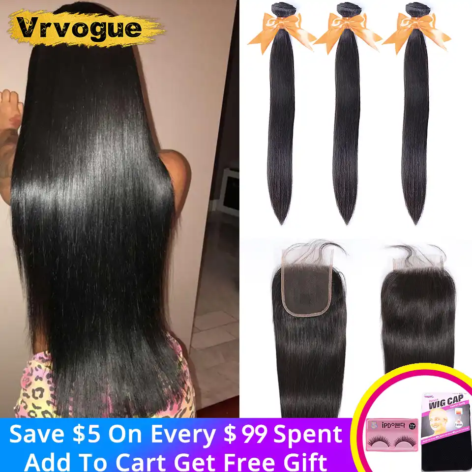 Vrvogue Hair Peruvian Straight Hair Bundles With Closure Remy