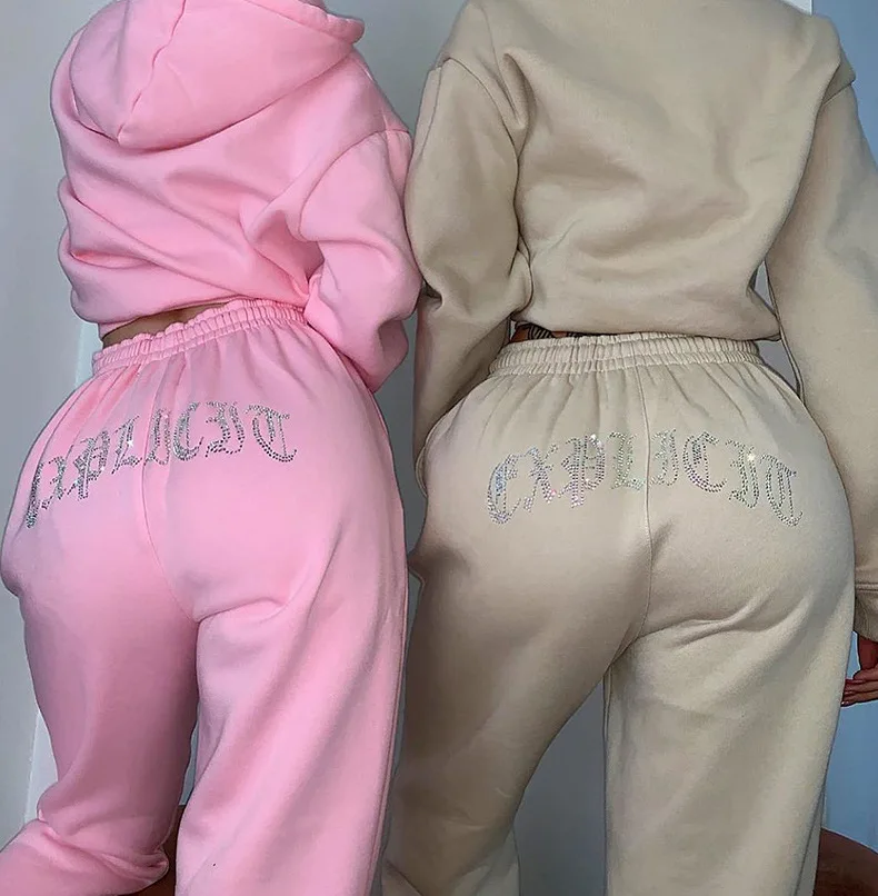

Hot Drilling Activewear Fleece Two Piece Set Drawstring Long Sleeve Pocket Hooded Sweatshirt + Sweatpants Tracksuit Women Jogger