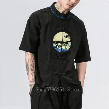 

Summer Chinese Traditional Fashion Streetwear Tang Suit for Men Male Fancy Print Linen Thin Short Sleeve Shirt Harajuku Maxi Top