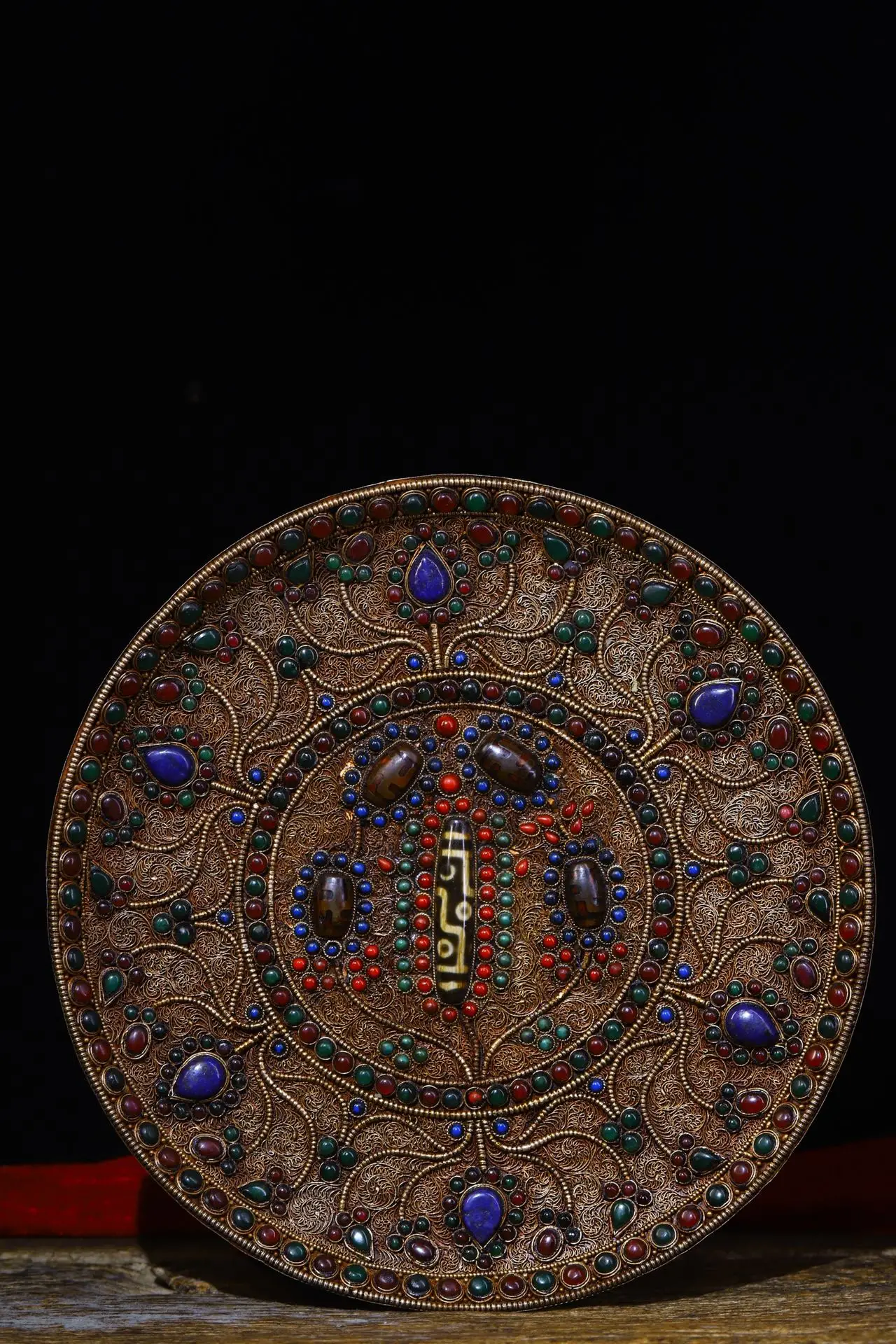 

10"Tibet Temple Collection Old Bronze Filigree mosaic Gem Dzi Bead Thangka Amulet Hang on the wall Town House Exorcism