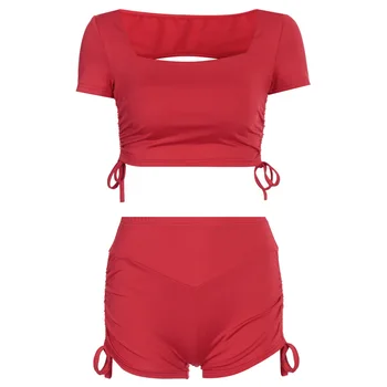 Sport Wear Yoga Set 2020 Summer New Women's Solid Short Sleeve Backless Top+shorts 2 Pcs Running Gym Set Sexy Sports Suit Female 5