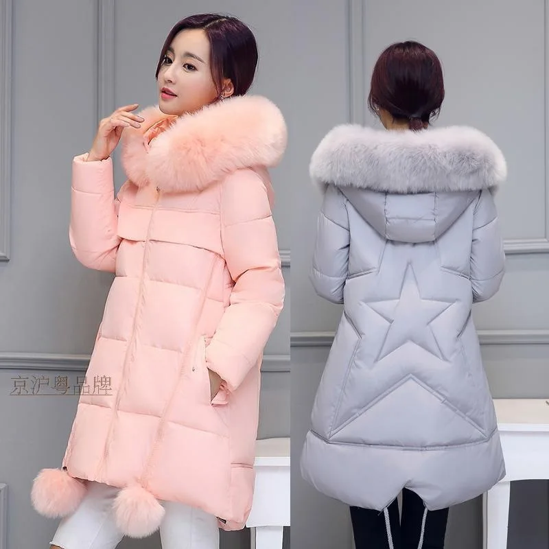 

2019 Winter New Style Korean-style Thick Mid-length Five-pointed Star Hooded Cotton-padded Clothes Women's A- line dou peng xing