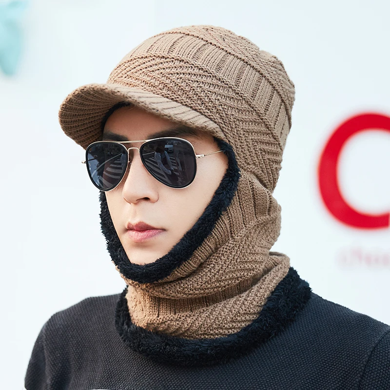 Мужская зимняя шапка, шарф skullies beanies, толстые теплые наушники, вязаная шапка для спортивных занятий на свежем воздухе, шапка - Цвет: khaki