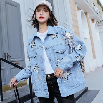 

Autumn winter Women Alphabet sequins Denim Bomber Jacket Lady Vintage Outwear Pentagram embroidered sequin tassel Fashion Coat