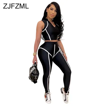 

Workout Active Wear 2 Piece Matching Sets Women Striped Patchwork Bandage Top And Bodycon Leggings Sexy Gym Fitness Tracksuits