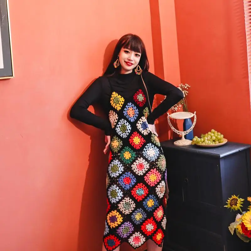 

Autumn Hand-crochet Bohemian National Style Sling Skirt Retro Color Block Knitting Sweater Jacket With Dress