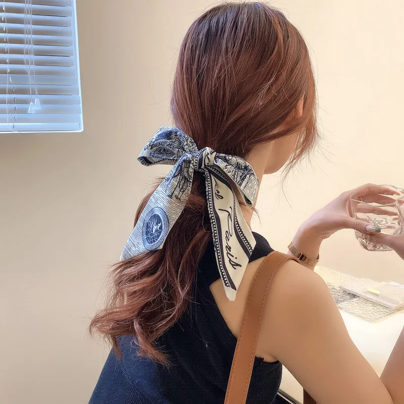 Women Silk Scarf Headband Female Tied Hair Summer Ribbon Retro French Bow Korean Horsetail Bundle Japanese Girl Hair Headdress