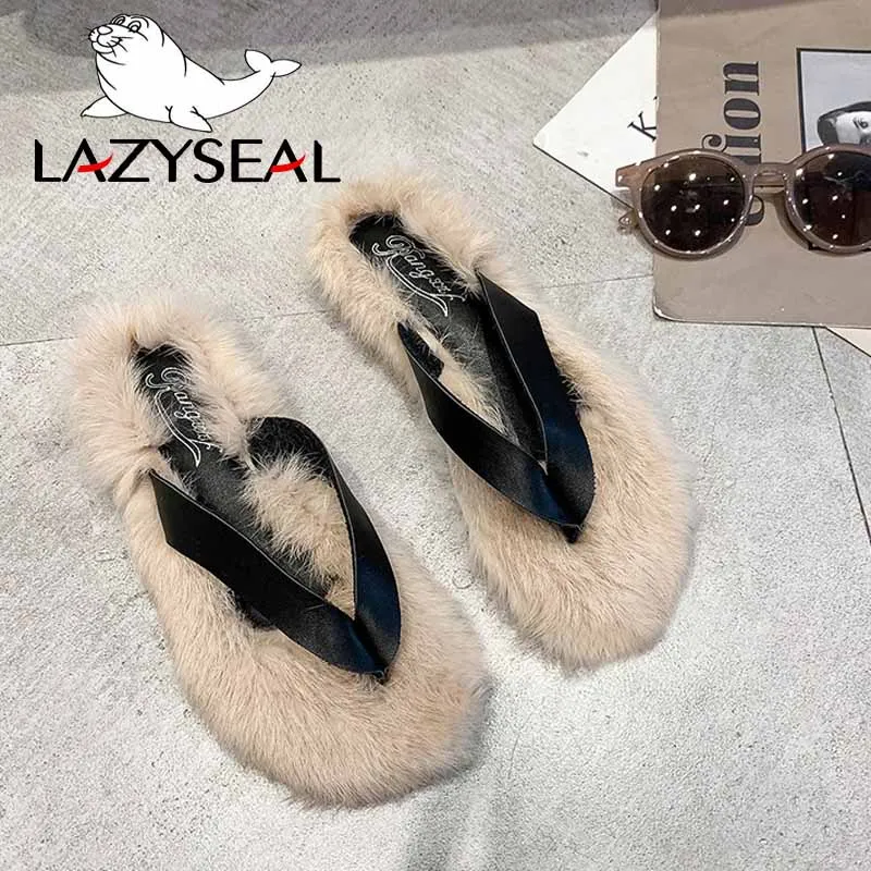 LazySeal обувь с разноцветным мехом; женские Вьетнамки; Новинка; Модные женские домашние тапочки на Плоском Каблуке; сезон осень-зима; женские шлепанцы без задника - Цвет: Beige