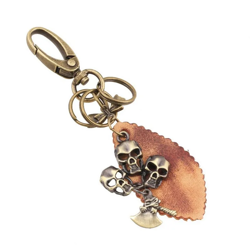 

Creative Gifts Car Key Ring Retro Punk Bronze Skull Leather Keychain WOMEN'S Backpack Pendant
