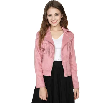 

New Spring Women Faux Suede Jacket Slim Leather Jacket Punk Short Design Women Pink Bikers Tassels Motorcycle Jacket Outwear