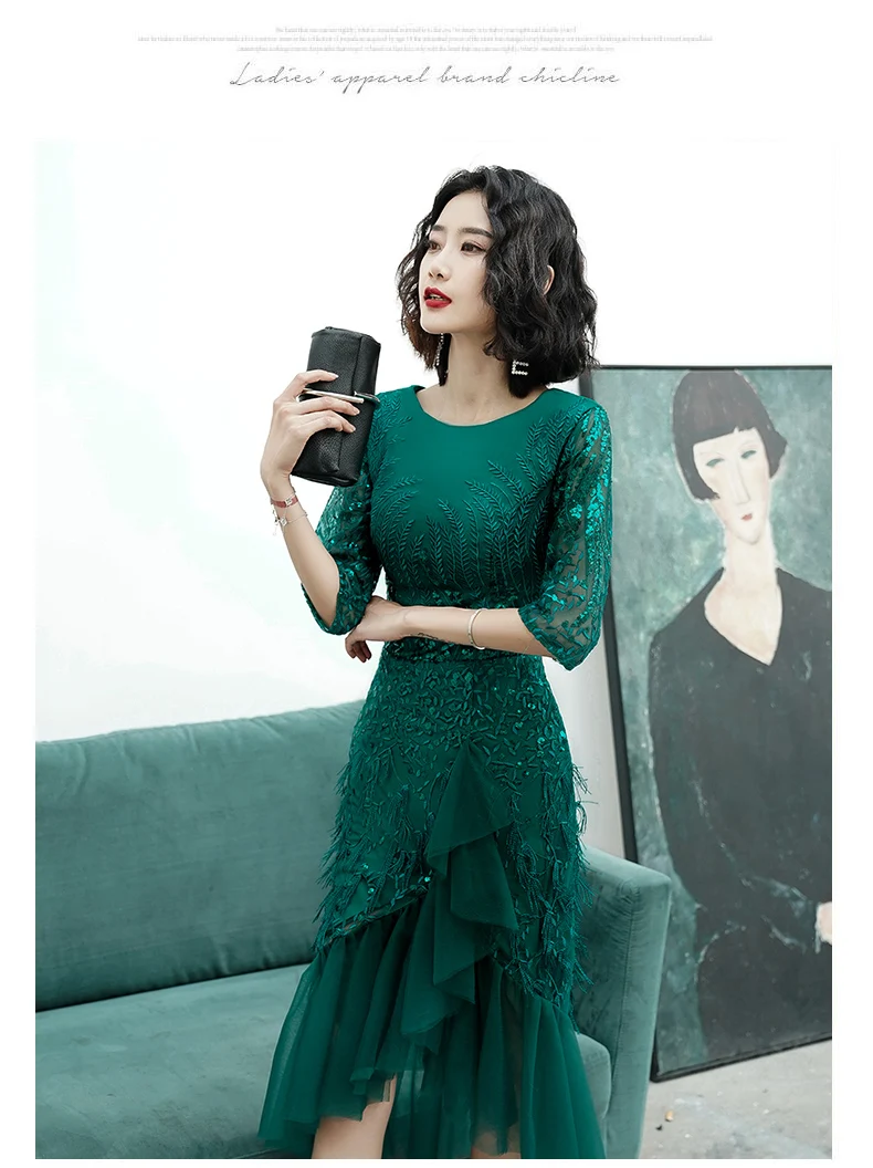 AE601 Новое поступление Длинные вечерние платья Половина рукава с перьями Зеленый Русалка Вечерние платья для женщин