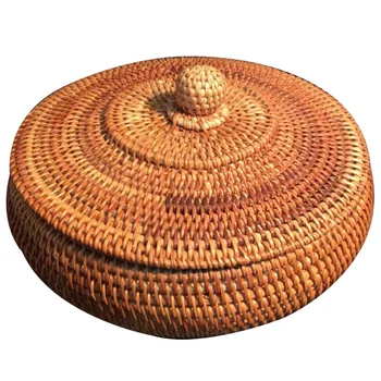 

Primary Color Storage Basket with Round Cover Hand-Woven Rattan Woven Chinese Snacks Tea Candy Storage Box Household