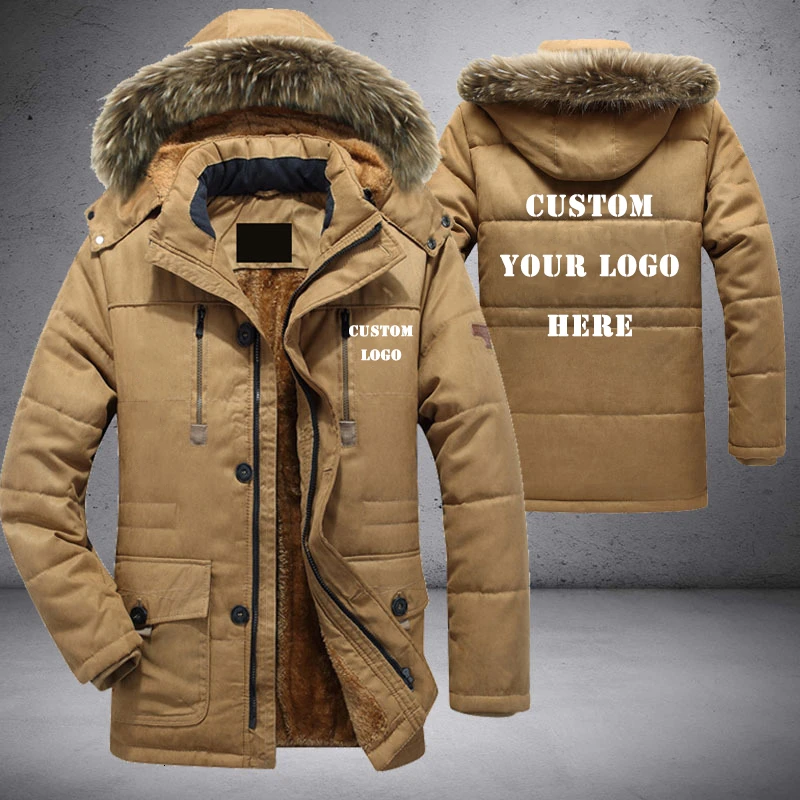 Логотип на заказ, большие размеры, мужские парки, пальто, плюс бархат, утолщенная молния, зимняя одежда, теплый съемный меховой воротник, мужская зимняя куртка