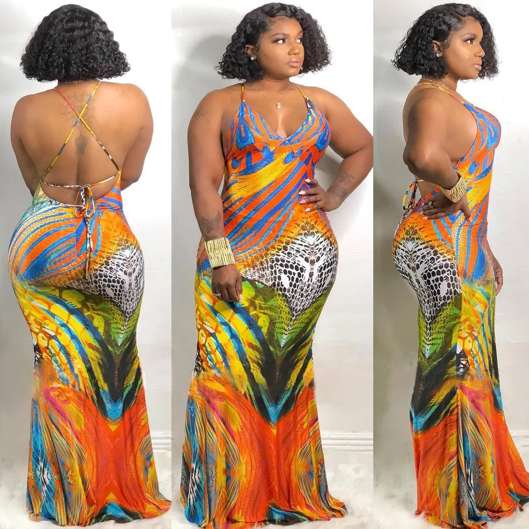 

Nice Women V Neck Sexy Maxi Dresses Clubwear Print Lace Up Backless Dress Package Hip Spaghetti Strap Dresses