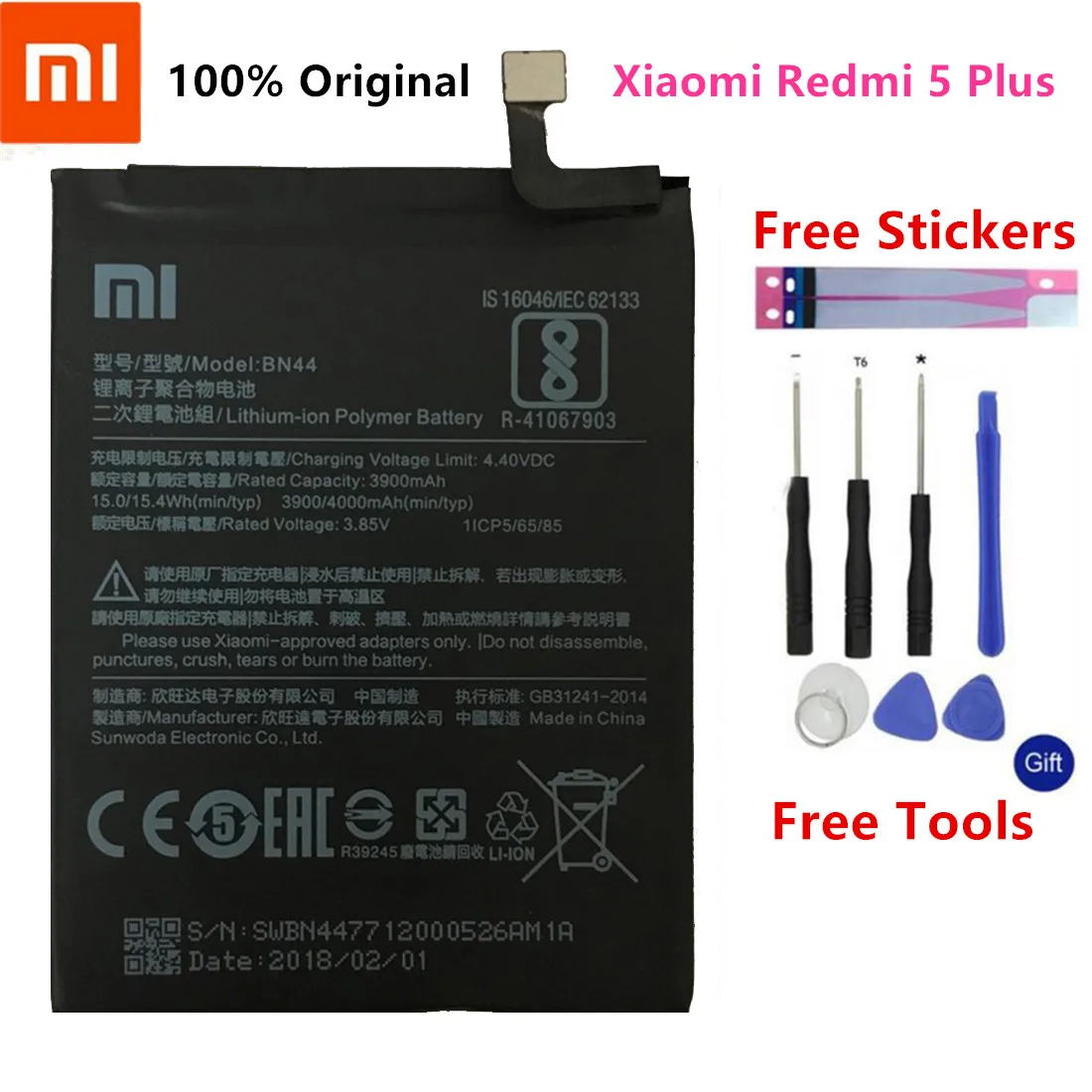 

100% New Original Real 4000mAh BN44 Battery With glue sticker For Xiaomi Redmi 5 plus 5.99"