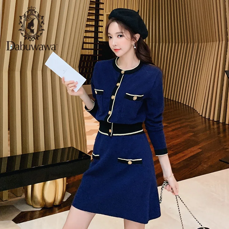 

Dabuwawa Single Buttoned Detail Plain Knitted Top And Skirt Women Two Pieces Sets 2019 Autumn Minimalist England Style DN1CSA007