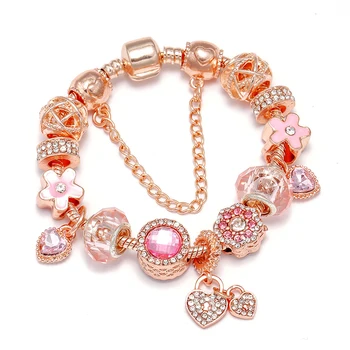 

Seialoy Rose Gold Heart Charm Bracelets For Women Original Pink Crystal Love Heart Beaded Bracelet Bangle Fashion Jewelry Gift