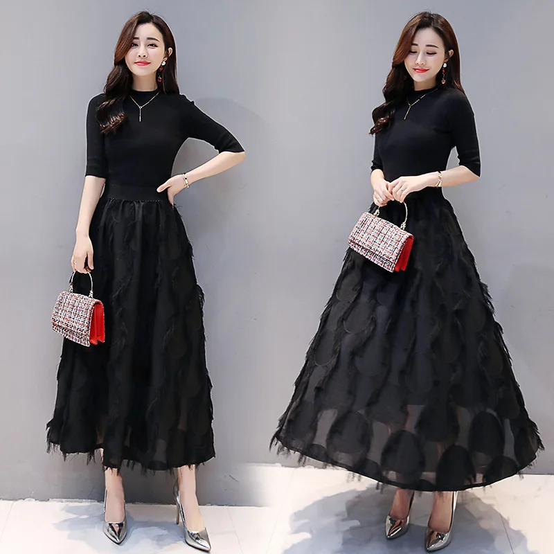 

2019 New Style Korean-style Spring Long-sleeve Knitwear Set High-waisted Puffy Tassels Skirt Two-Piece Set