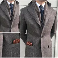 Men's Windbreaker Classic Herringbone Tweed Wool Blend Suit Jacket Winter Warm Long Coat Outdoor Sports Coat erkek mont 1