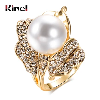 

Kinel 2020 New Fashion Rose Pearl Big Rings For Women Statement Jewelry Vintage Gold Plating Ring Party Accessories Gifts