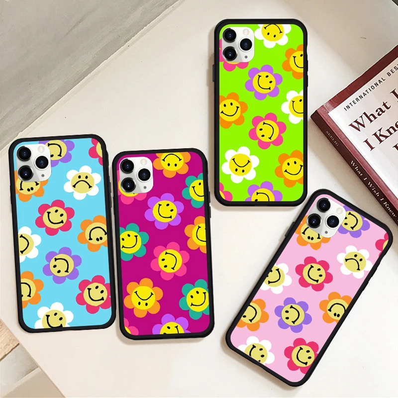 

Smiley Flowers Phone Case For iPhone 7 X XS MAX 11 Pro 12 mini XR 8 6 Plus Fashion Silicone PC Cover Happy Floral Fundas