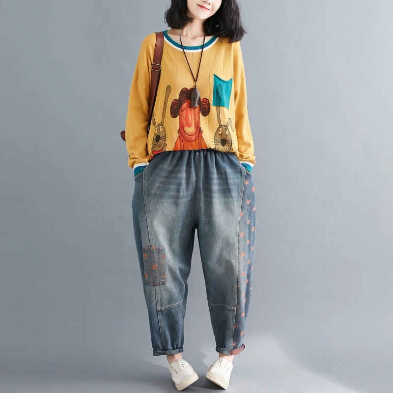 Женские свободные винтажные джинсы синие джинсовые брюки шаровары большого