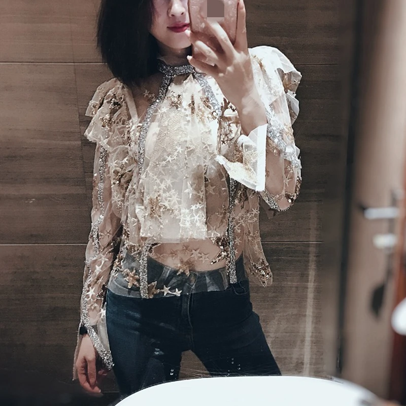 Женская сетчатая Блузка высокого качества с золотыми вышитыми звездами и
