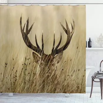 

Antler Shower Curtain Whitetail Deer Fawn in Wilderness Stag in Countryside Rural Hunting Theme Bathroom Decor Set with Hooks