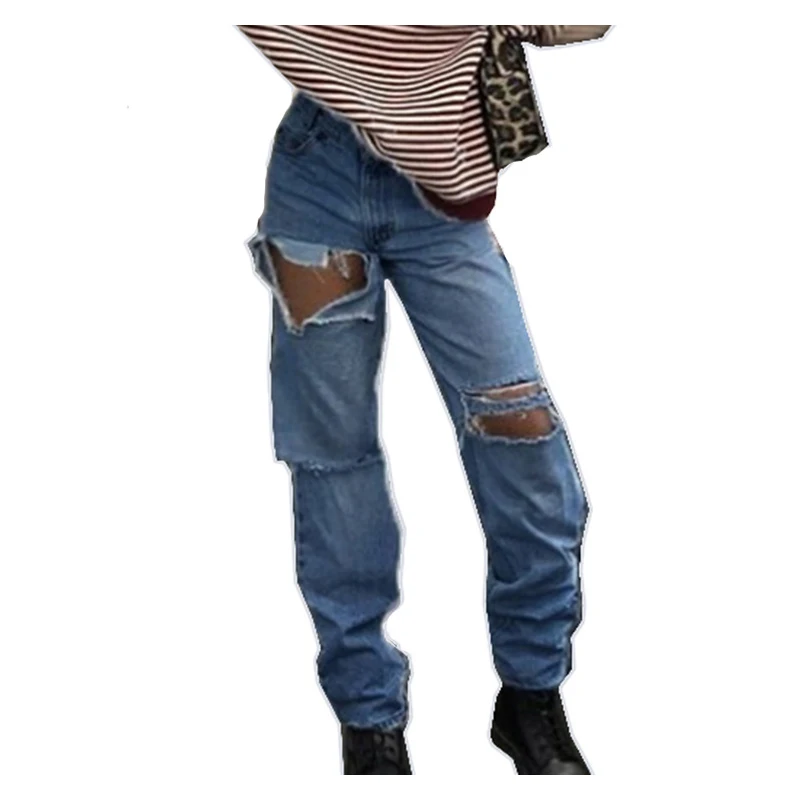 

Hole Slim Solid Color Ripped Overalls Loose Women Jeans Hot Autumn Fashion Sexy Women's Denim Trousers Straight All Match