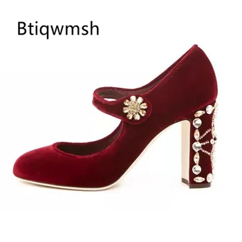

2020 Luxury Velvet Pumps Wedding Shoes Woman Round Toe Rhinestone Jeweled High Heel Shoes Woman Fashion Party Shoes