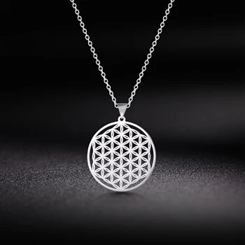 

Skyrim Flower of Life Round Pendant Necklace Stainless Steel Golden Mandala Choker Chain Necklaces Jewelry Gift for Women Girls
