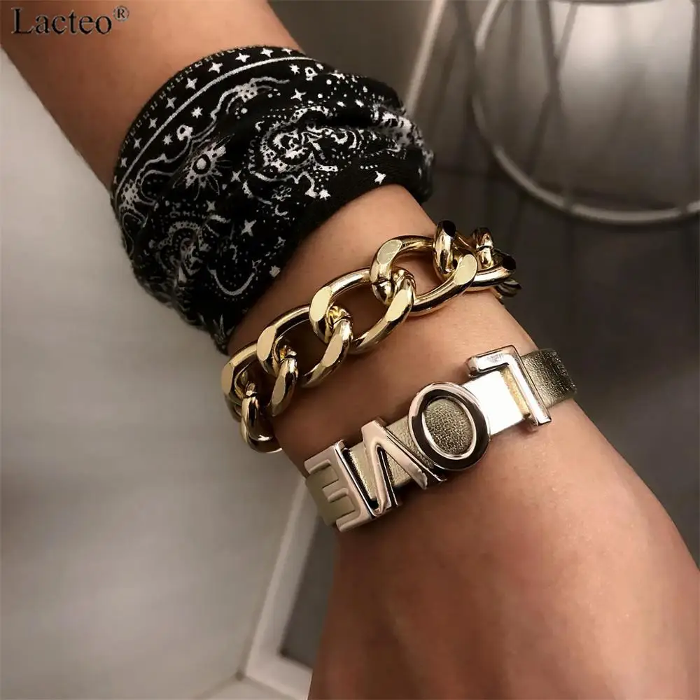 Lacteo 2 шт./компл. панк преувеличенный массивная цепочка браслет для Для женщин модные с надписью «LOVE» браслет женский ювелирные изделия
