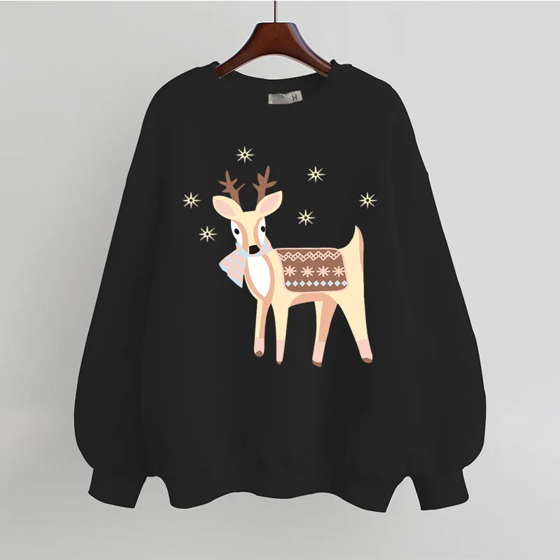 Cute Deer Print Hoodie Autumn Long Sleeve Hoodies Women Sweet Sweatshirt O Neck Pullovers Casual Loose Ladies Tops Streetwear