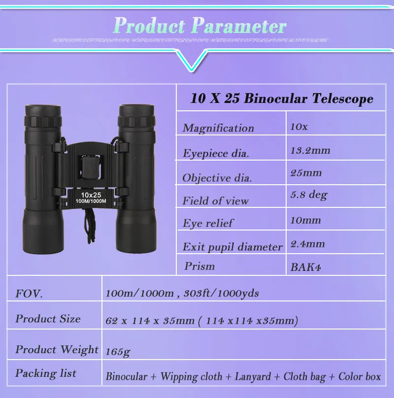 ZIYOUHU 10x25 складной бинокль HD Vision FMC Lenes покрытие 100 м/1000 м длинный диапазон Компактный Мини бинокулярный Складной телескоп