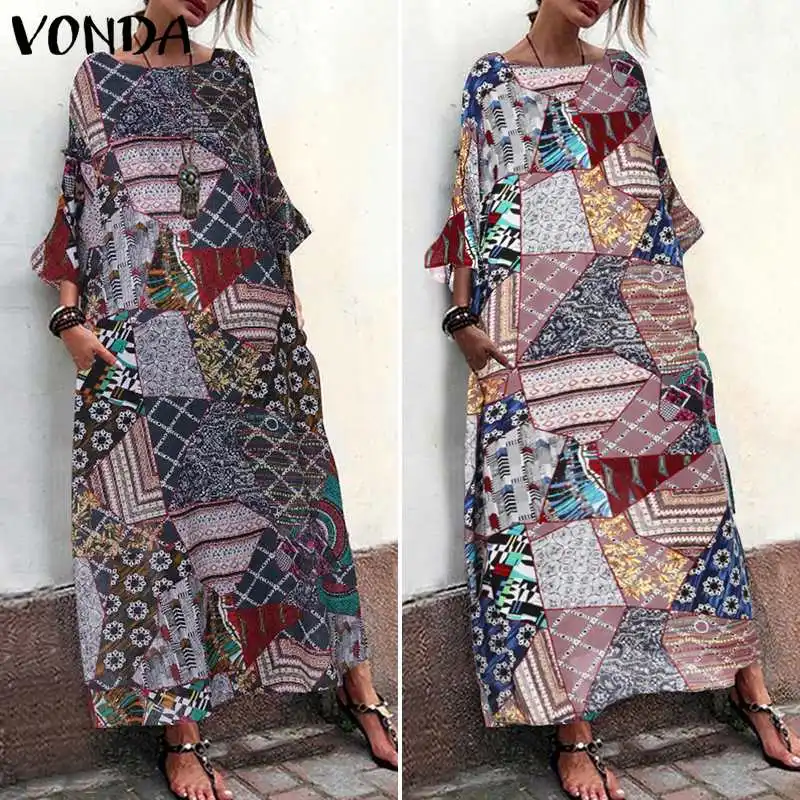 VONDA/осенние платья макси, повседневные, с длинным рукавом, с круглым вырезом, для вечеринки, богемное платье для женщин, с оборками, Vestidos размера плюс, халат 5XL