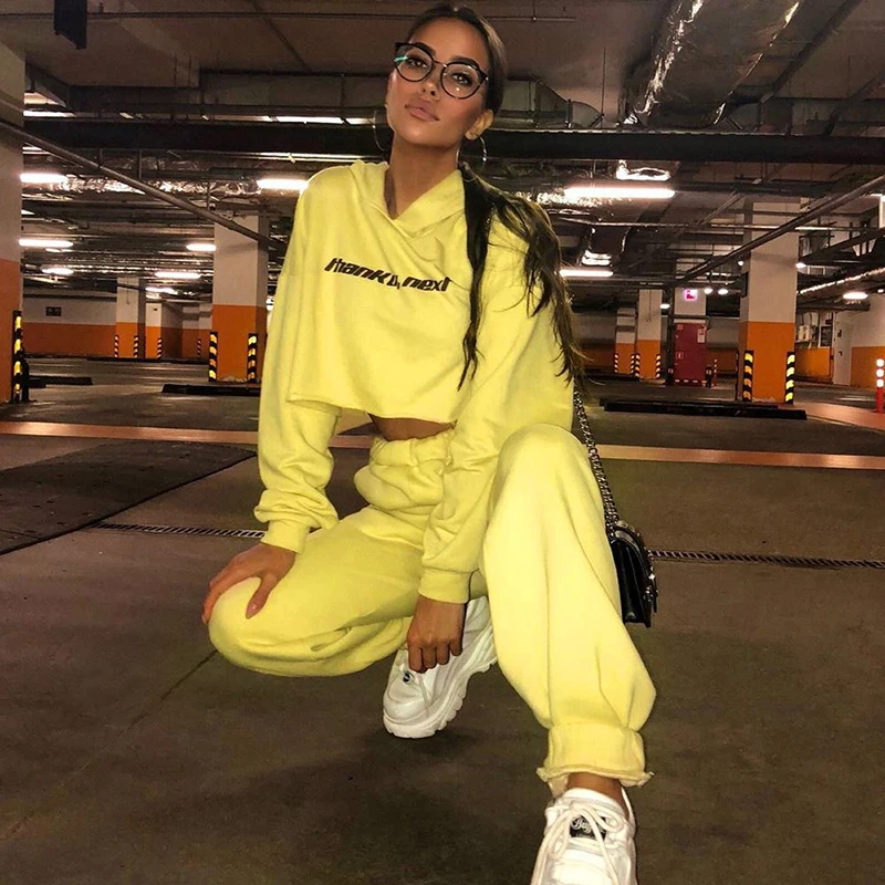 

Goocheer Women 2-Pieces Set print Hoodies Pullover Crop Top and Loose Pant Elastic Slim Casual Autumn Winter2019 Streetwear Set
